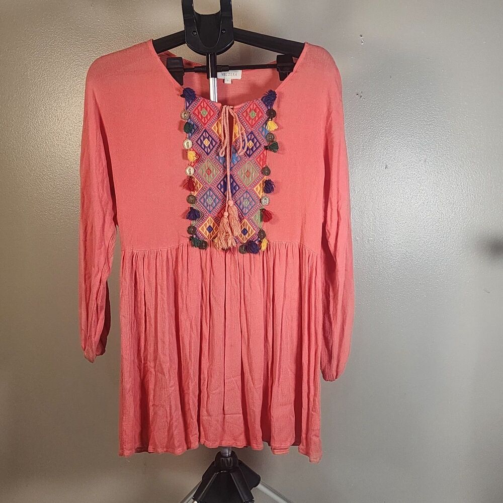 Velzera Women's Boho Embroidered Tunic Top Peasant Blouse Coral Pink Small